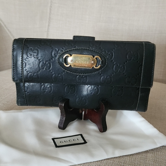 Gucci GG Black Guccissima Long Trifold Snap Wallet W/ Gucci Gold Horsebit Accent - Picture 14 of 16
